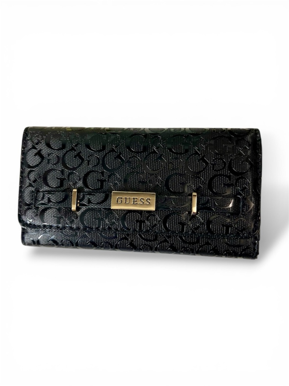 GUESS Black Embossed Logo Continental Wallet with Gold Plaque